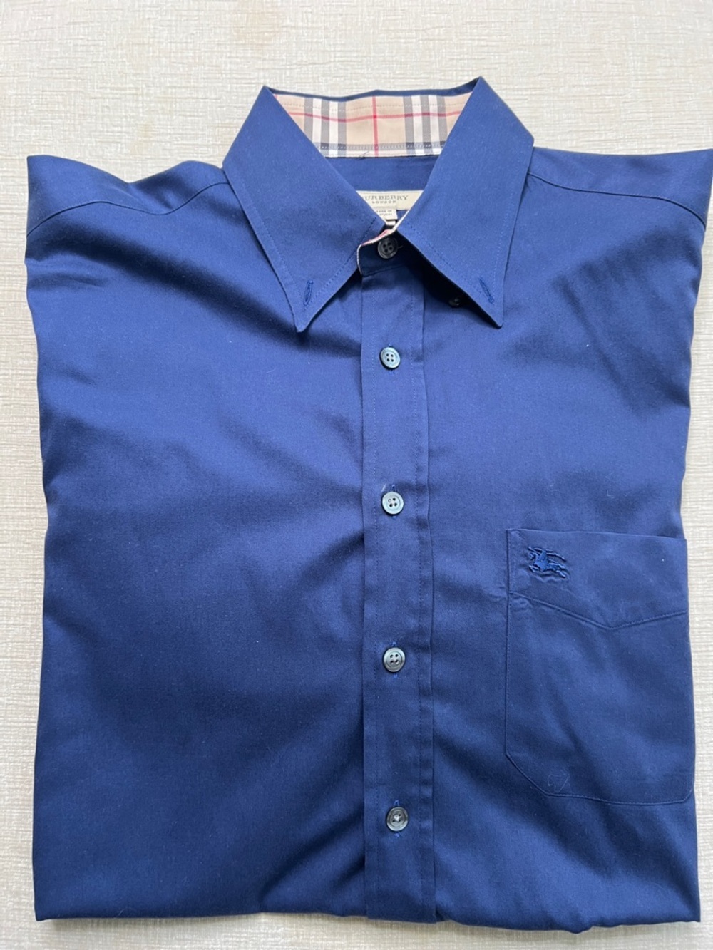 Burberry Men’s Deep Blue Dress Shirt with Tartan Collar Trim